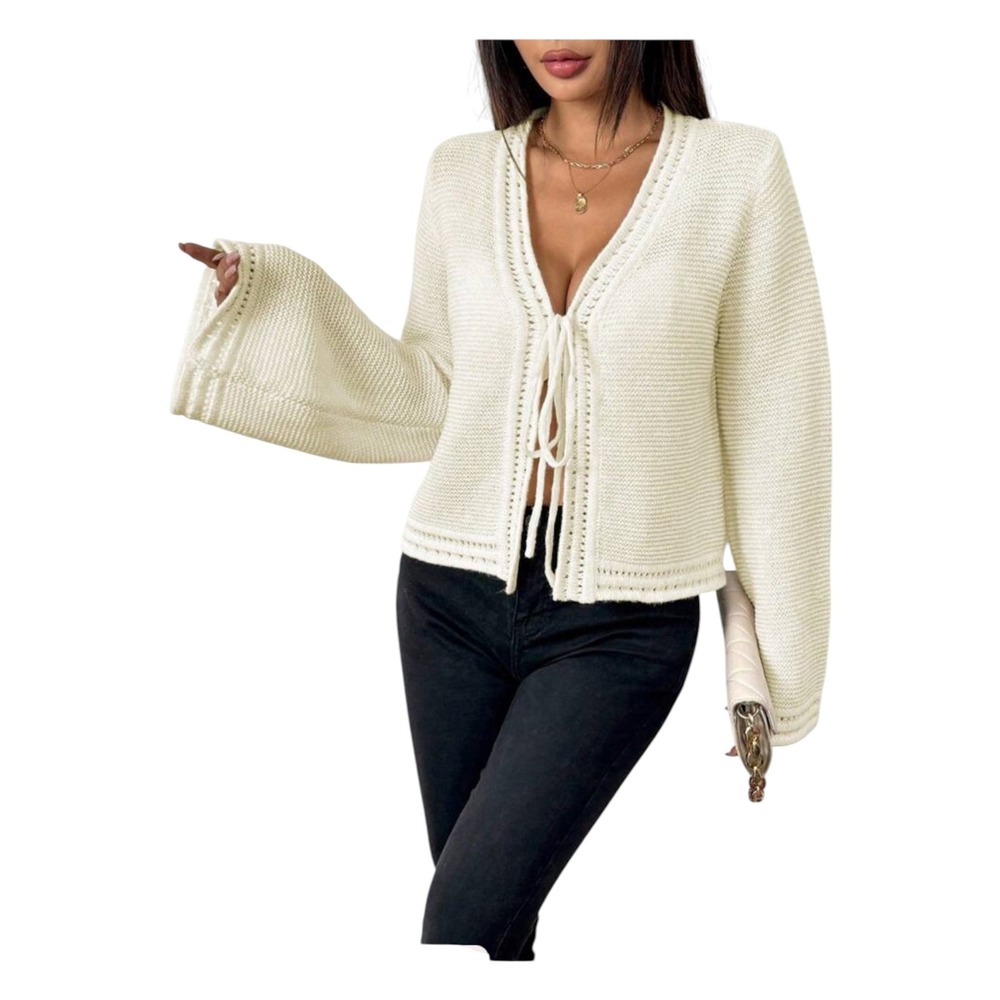 Tie Front Bell Sleeve Knit Cardigan Womens Small Cream Boho Chic Festival